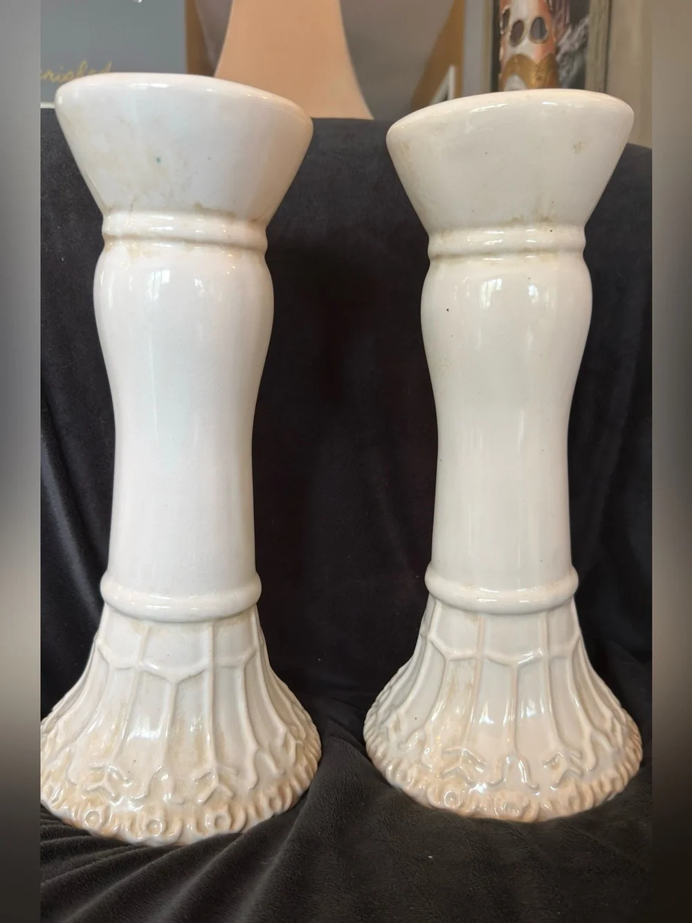 Vintage Pair of White Glazed Ceramic Milk Glass Candlestick Holders